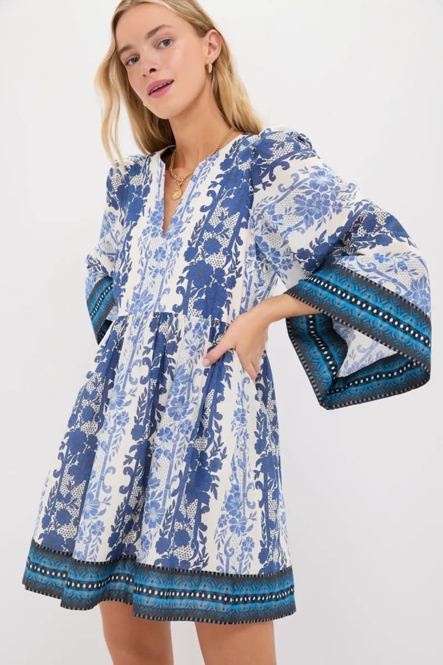 Tuckernuck Izzie Dress Bondi Blues Cotton Voile Bell Sleeve Mini Dress Size XL
